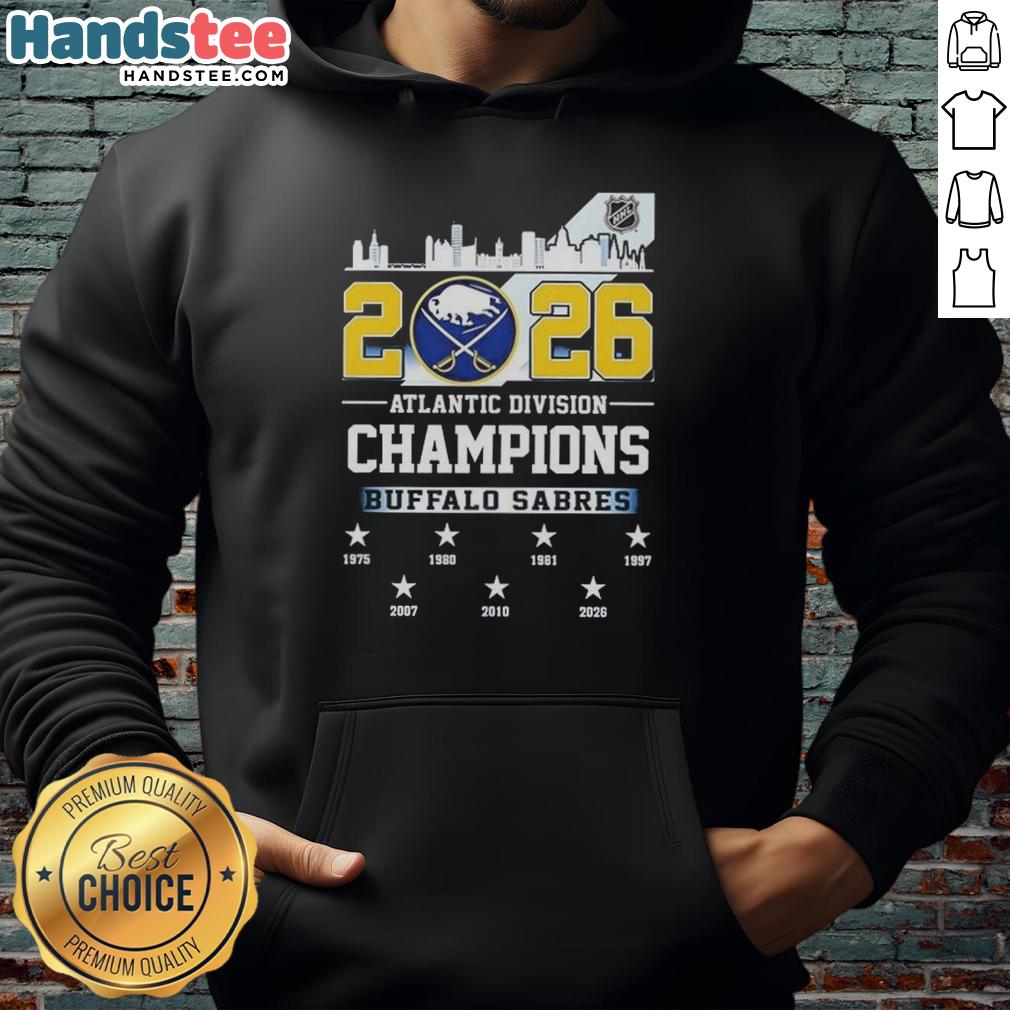 Alt Text: Buffalo Sabres 2026 Atlantic Division Champions hoodie showcasing team logo and stylish design.