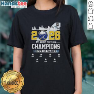 Buffalo Sabres 2026 Atlantic Division Champions ladies tee featuring team colors and logo, perfect for fans.