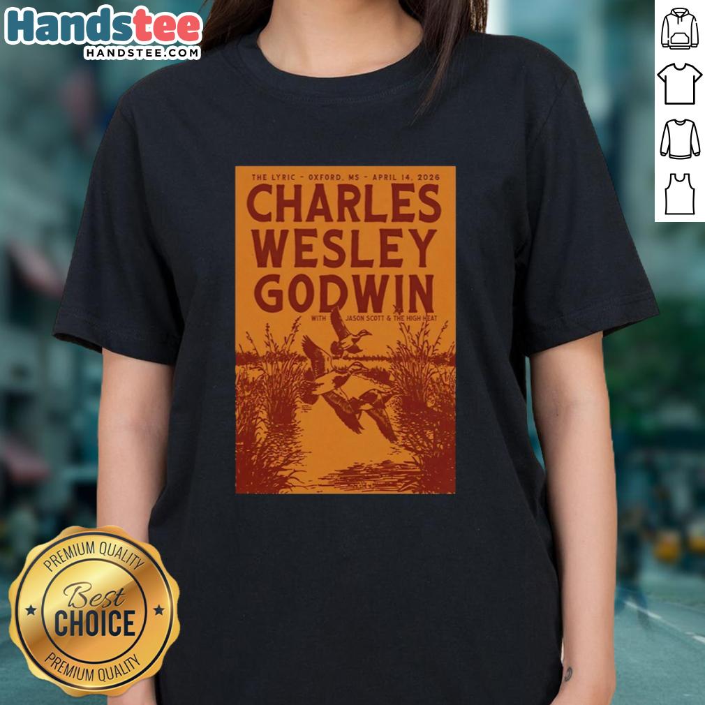 Alt Text: Charles Wesley Godwin concert poster for Apr 14, 2026, at The Lyric in Oxford, MS - Ladies Tee design.