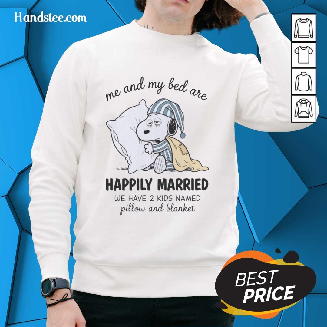Cozy sweatshirt featuring 'Nice Me and My Bed Are Snoopy Happily Married' with playful kids Pillow and Blanket design.
