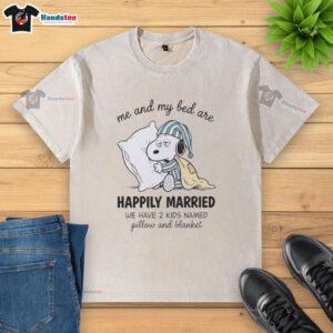 Alt Text: Cute couple with Snoopy-themed T-shirt, playfully referencing their 'marriage' and kids named Pillow and Blanket.