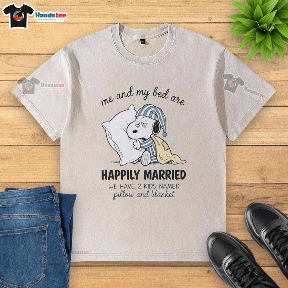 Alt Text: Cute couple with Snoopy-themed T-shirt, playfully referencing their 'marriage' and kids named Pillow and Blanket.