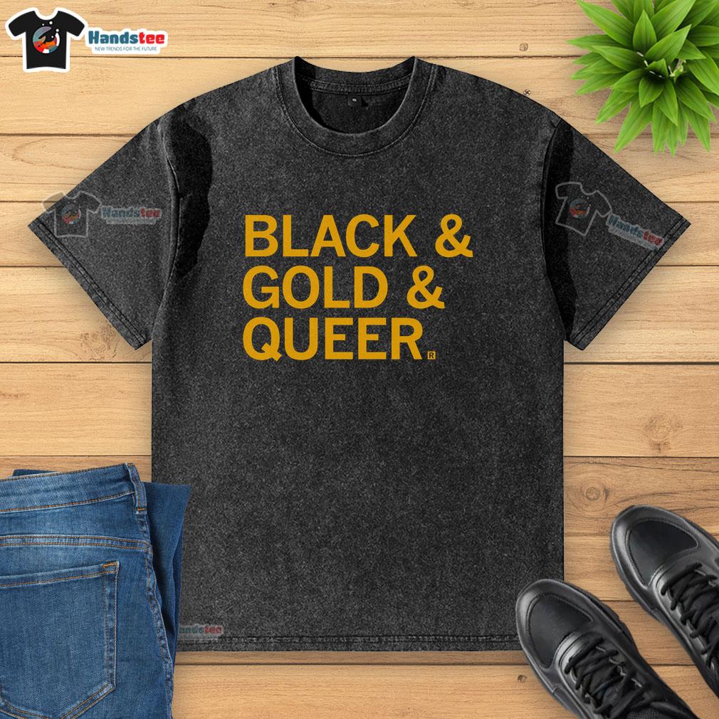 Official Black Gold Queer Washed T-Shirt featuring a stylish design, perfect for pride and everyday wear.