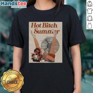 Official Hot Bitch Summer vintage poster design on a ladies tee, featuring bold graphics and vibrant colors for summer style.