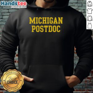 Alt Text: Official Michigan Postdoc NLA Hoodie in navy blue, featuring the NLA logo prominently on the front.