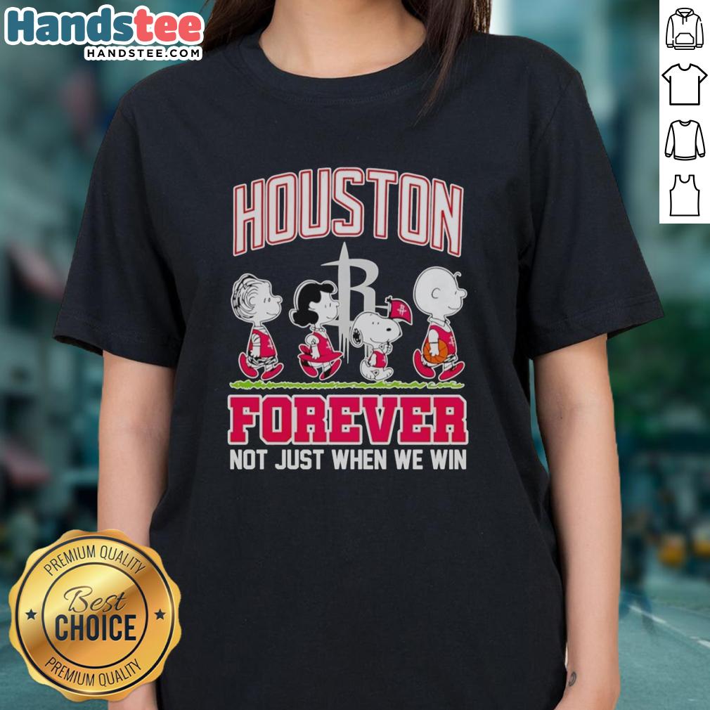 Official Peanuts Characters X MLB Houston Astros 'Forever Not Just When We Win' Ladies Tee featuring iconic cartoon designs.