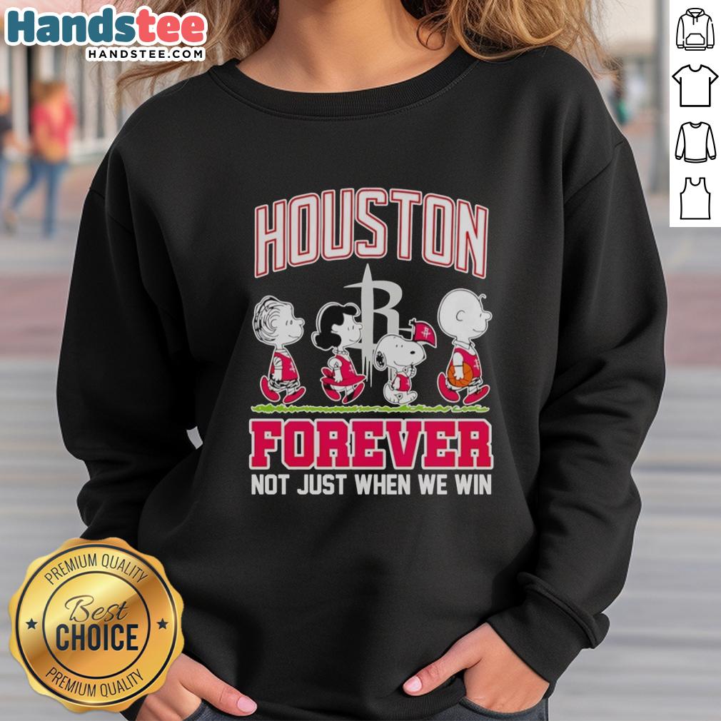 Official Peanuts Characters X MLB Houston Astros sweatshirt featuring classic characters and 'Forever, Not Just When We Win' slogan.