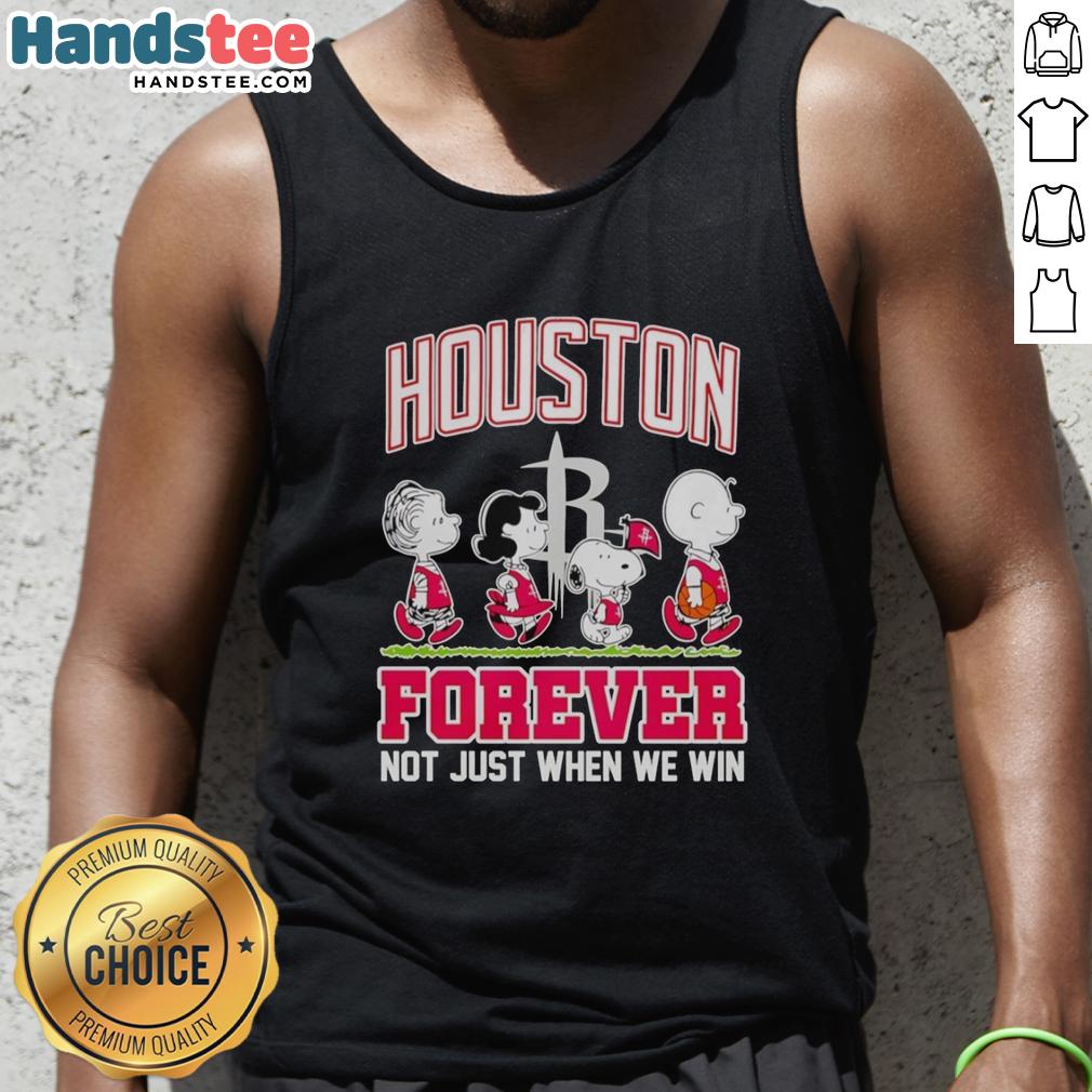 Official Peanuts Characters x MLB Houston Astros tank top featuring 'Forever, Not Just When We Win' design.