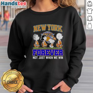 Alt Text: Official Peanuts Characters x MLB New York Knicks sweatshirt featuring stylish designs for fans, perfect for game day.