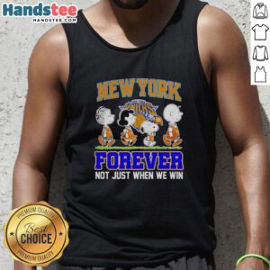 Official Peanuts Characters x MLB New York Knicks Forever tank top featuring iconic cartoon designs for fans.