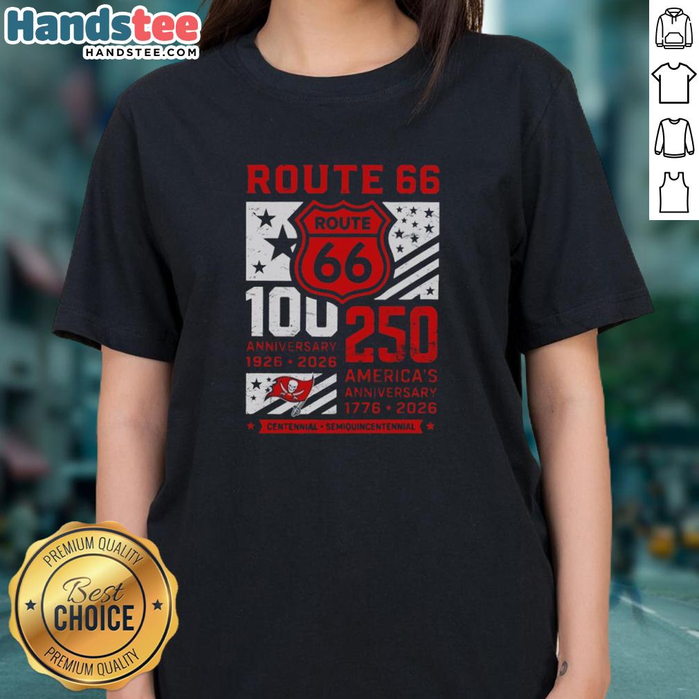 Official Tampa Bay Buccaneers Route 66 Centennial 100th Anniversary Ladies Tee celebrating 250th America Anniversary.