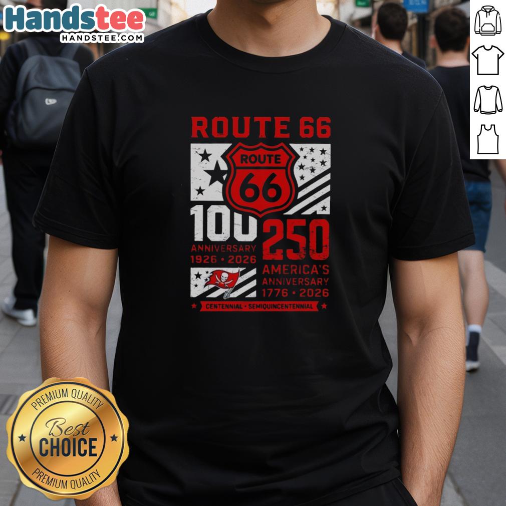 Official Tampa Bay Buccaneers Route 66 Centennial T-Shirt celebrating 100 years of football from 1926 to 2026.