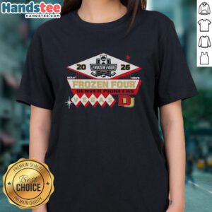 2026 NCAA Frozen Four logo on a ladies' tee featuring the Denver Pioneers men's hockey team design.