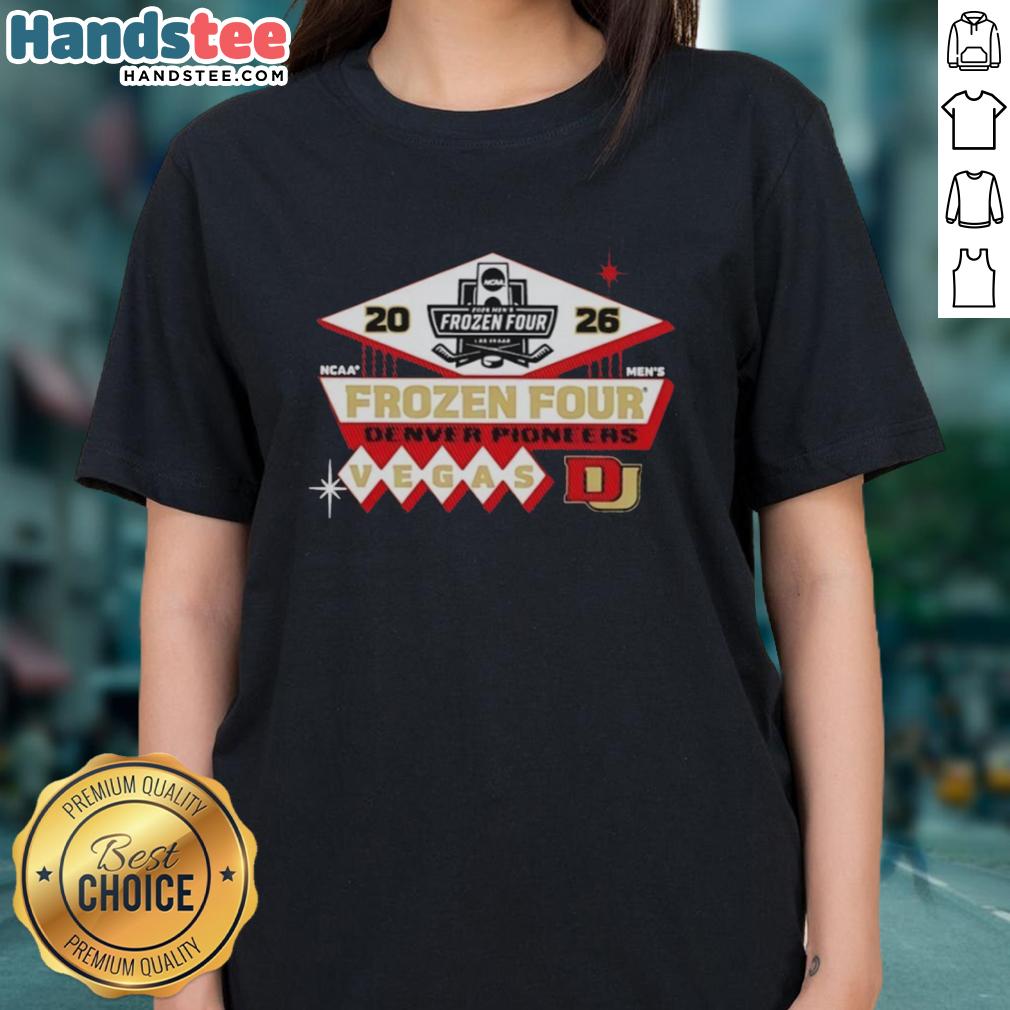 2026 NCAA Frozen Four logo on a ladies' tee featuring the Denver Pioneers men's hockey team design.