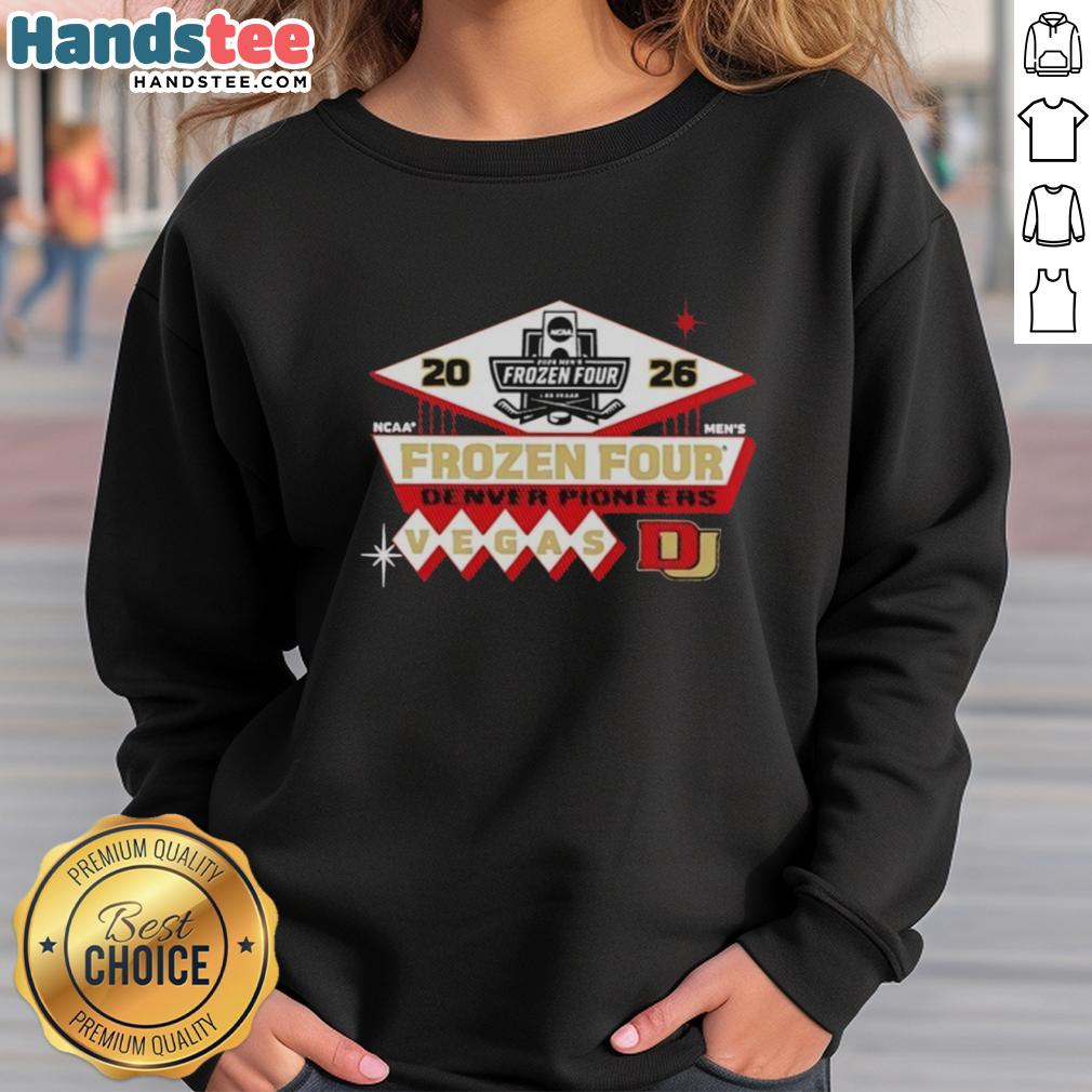 Original Denver Pioneers Men's Hockey 2026 NCAA Frozen Four Vegas Logo Sweatshirt featuring vibrant team colors.
