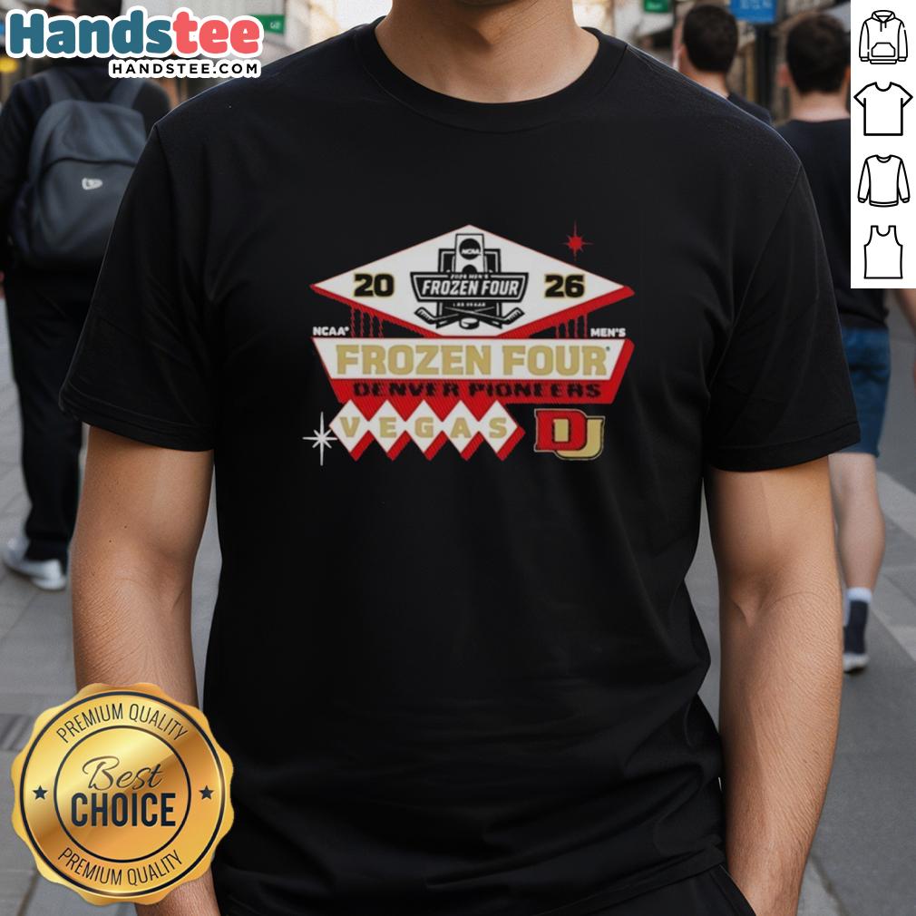 Original Denver Pioneers Men's Hockey 2026 NCAA Frozen Four Vegas logo T-shirt featuring vibrant team colors.