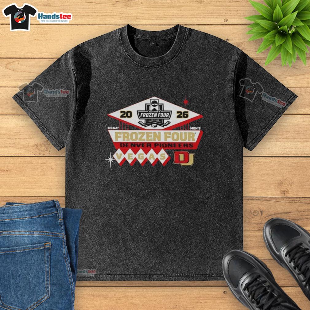 Alt Text: 2026 NCAA Frozen Four Denver Pioneers men's hockey logo washed t-shirt in vibrant colors, perfect for fans.