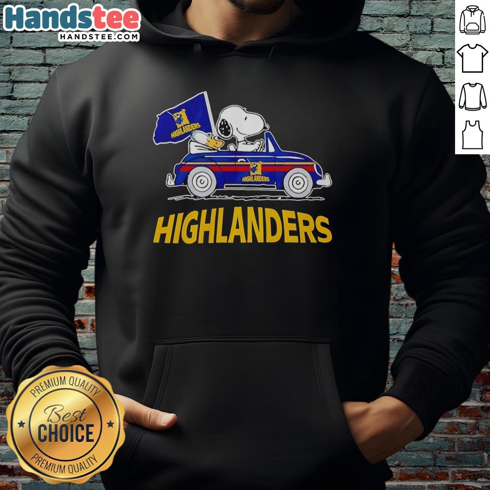 Snoopy and Woodstock driving a car, cheering for Highlanders Rugby Club on a cozy hoodie.