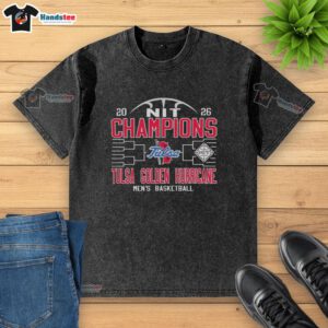 Alt Text: 2026 Original Tulsa Golden Hurricane Men's Basketball NIT Champions washed t-shirt showcasing team pride and style.