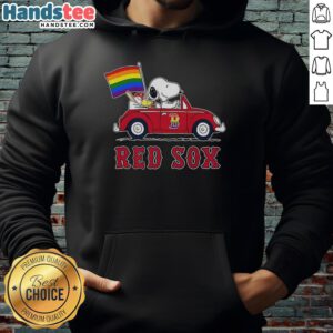 Premium Boston Red Sox X Snoopy and Woodstock driving car with rainbow flag hoodie, vibrant and stylish design.