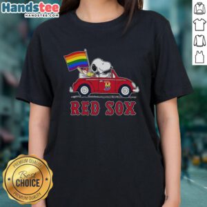 Alt Text: Premium Boston Red Sox X Snoopy and Woodstock driving a car with rainbow flag on a ladies tee shirt.