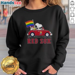 Premium Boston Red Sox X Snoopy and Woodstock driving car with rainbow flag sweatshirt, vibrant and stylish design.
