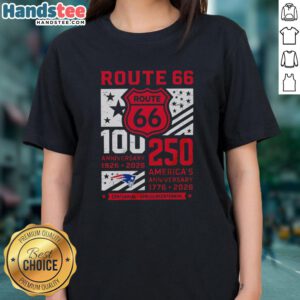 Premium New England Patriots Route 66 Centennial Ladies Tee celebrating 100th Anniversary 1926-2026 and America's 250th.