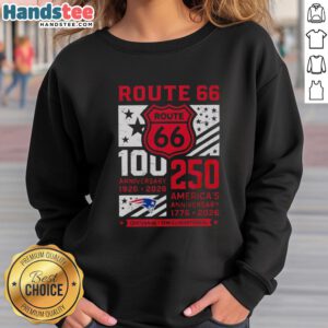 Premium New England Patriots Route 66 sweatshirt for 100th Anniversary, celebrating 250 years of America 1926-2026.