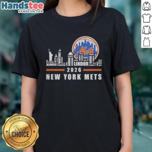 Premium New York Mets Baseball 2026 name players city skyline word art on a stylish ladies tee shirt.