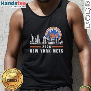 Premium New York Mets baseball tank top featuring player names and city skyline word art design for 2026 fans.