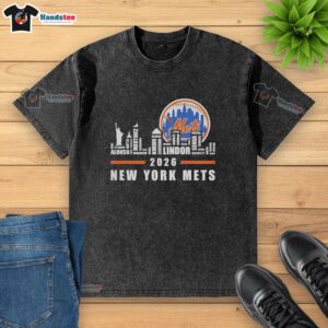 Premium New York Mets Baseball 2026 washed t-shirt featuring players' names and city skyline word art.