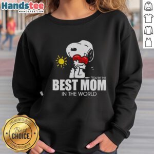 Alt Text: Premium Snoopy hugging heart on Best Mom in the World sweatshirt, perfect gift for loving mothers.
