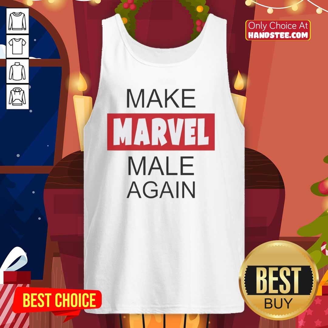 Man wearing a 'Pretty Make Marvel Male Again' tank top, showcasing a stylish and humorous graphic design.
