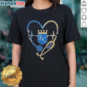 Awesome Kansas City Royals stethoscope heartbeat graphic on a stylish ladies tee, perfect for fans and healthcare workers.
