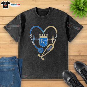 Alt Text: Awesome Kansas City Royals stethoscope heartbeat design on a washed t-shirt, perfect for baseball fans and healthcare workers.