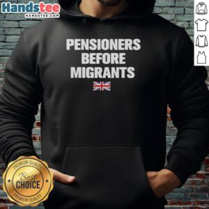 Awesome pensioners wearing stylish hoodies before migrants, showcasing community spirit and fashion diversity.