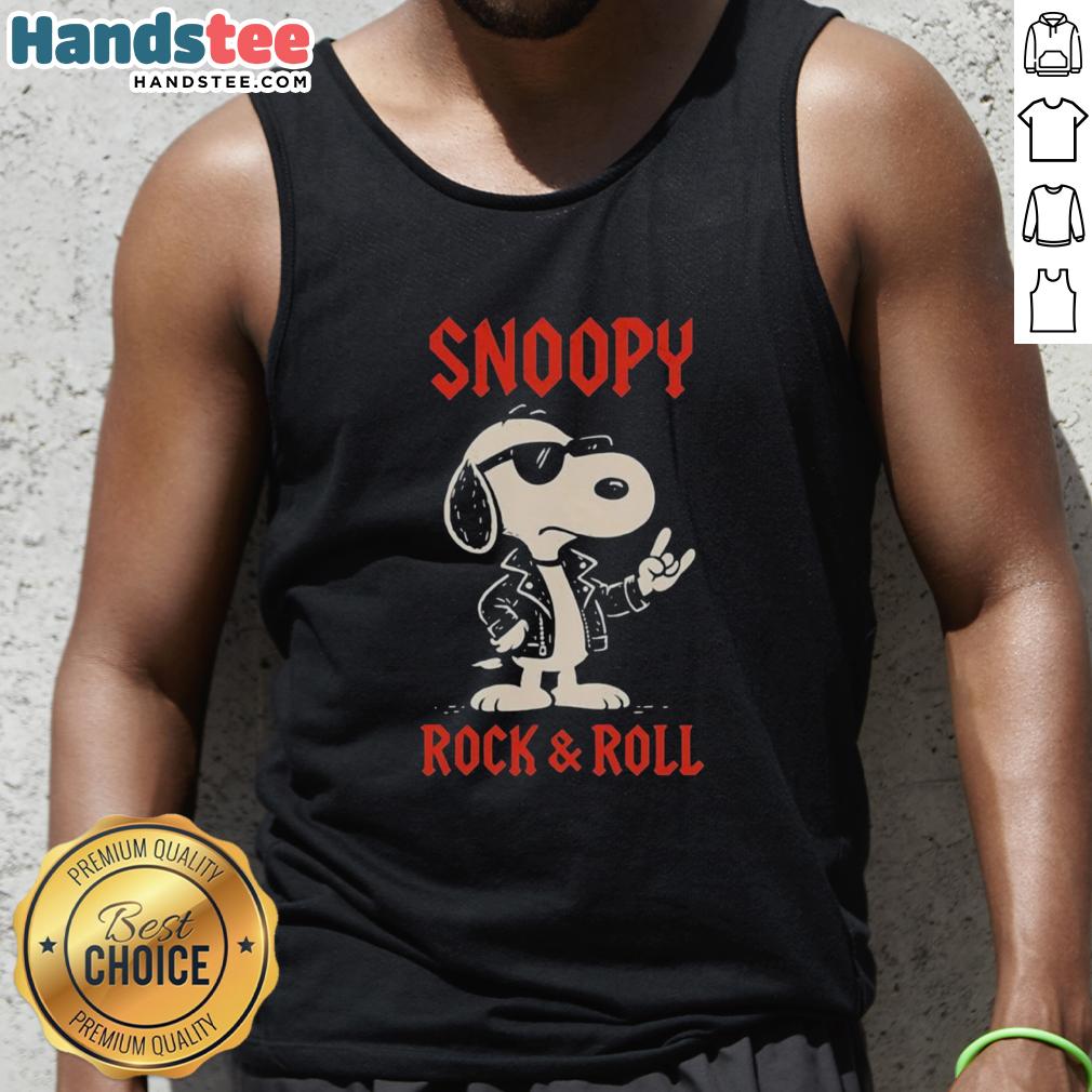 Alt Text: Awesome Snoopy rock and roll cartoon tank top featuring Snoopy playing guitar, perfect for music lovers and fans.