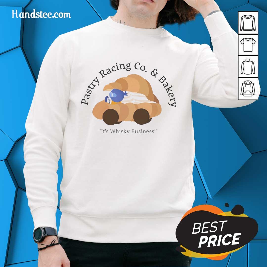 Good Pastry Racing Co. sweatshirt featuring a croissant car and whisky pun, perfect for foodie racers.