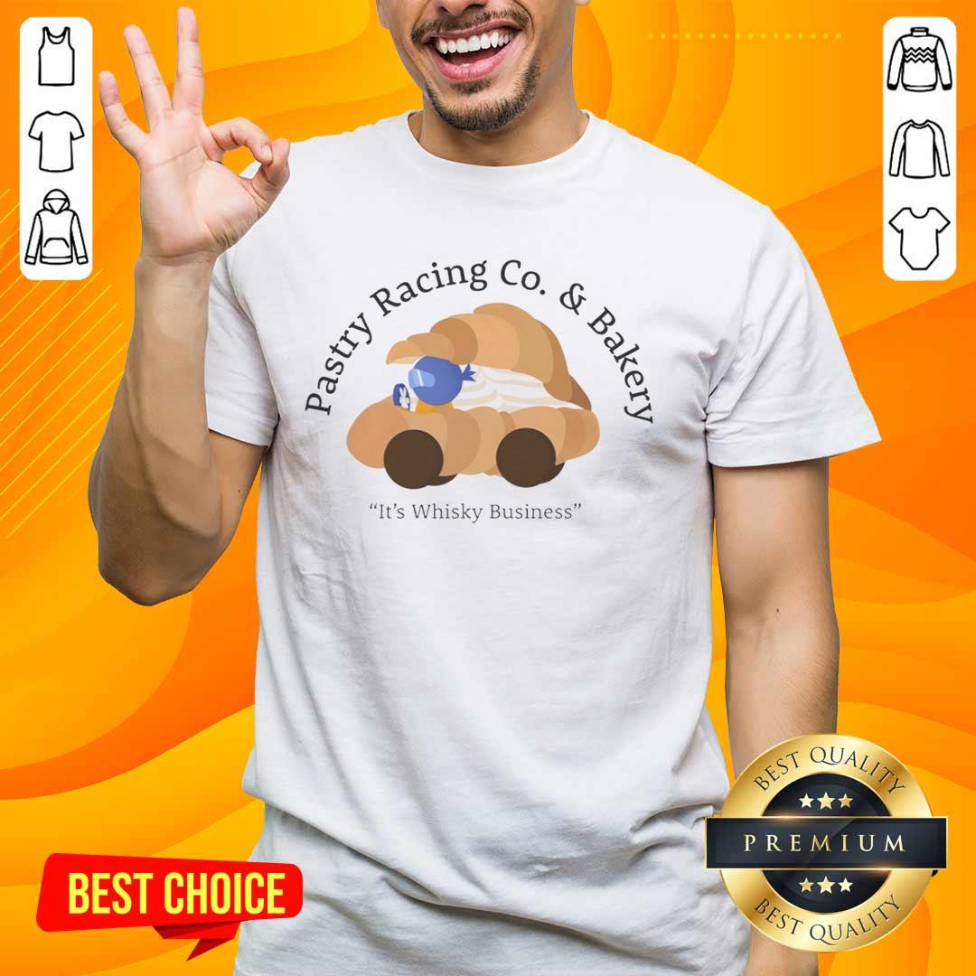Alt Text: Good Pastry Racing Co T-Shirt featuring croissant car and whisky business pun for foodies and racing fans.