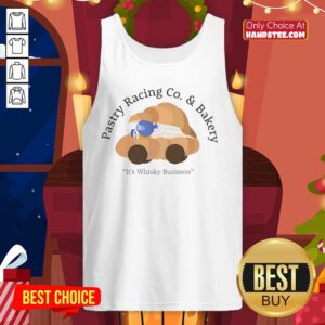 Good Pastry Racing Co. tank top featuring a croissant car and whisky pun, perfect for foodie racing enthusiasts.