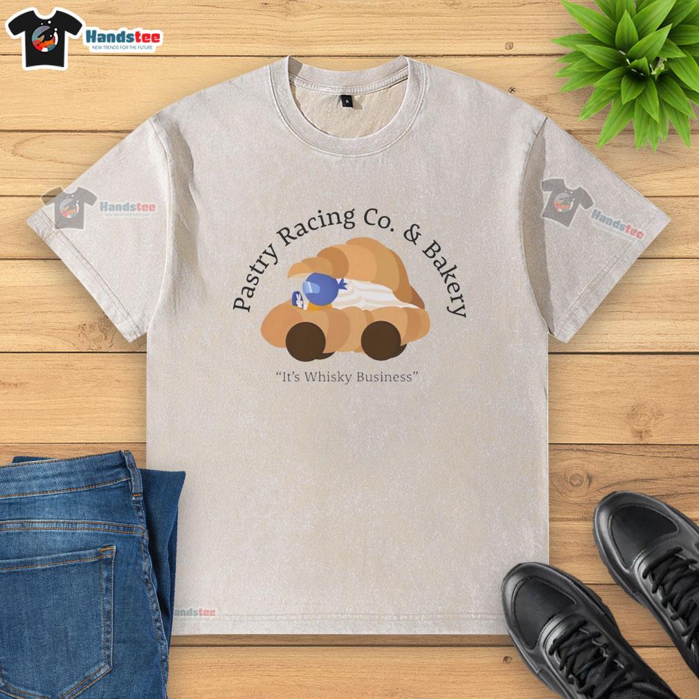 Good Pastry Racing Co. t-shirt featuring a croissant car, berry driver, and whisky pun for racing foodies.