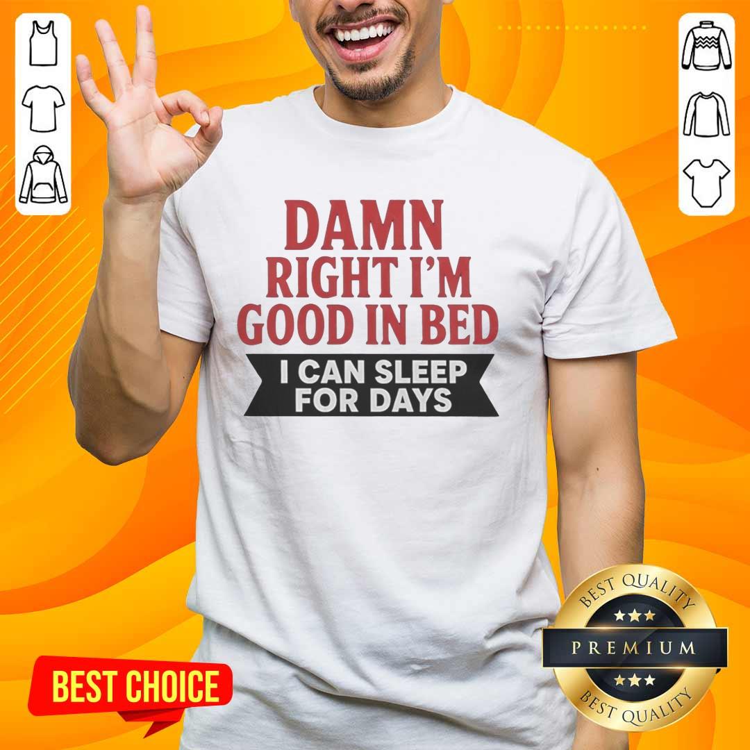 Funny 'Nice Damn Right Im Good In Bed I Can Sleep For Days' T-Shirt showcasing humorous sleep-themed graphic design.