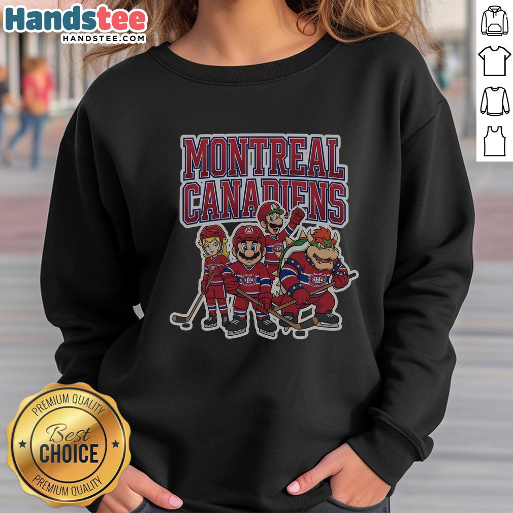 Alt Text: Nice Montreal Canadiens Super Mario Team ice hockey sweatshirt featuring vibrant graphics and cozy design.