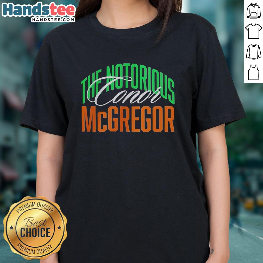 Official Conor McGregor The Notorious script ladies tee featuring Italy flag pattern, perfect for fans and fashion lovers.
