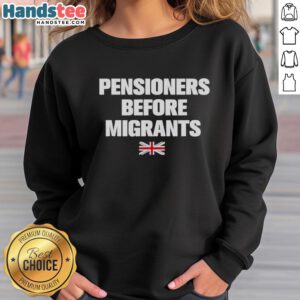 Official Pensioners Before Migrants UK Flag Sweatshirt featuring a bold UK flag design, perfect for proud pensioners.