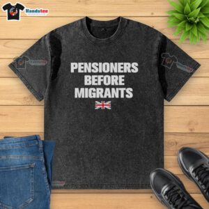 Official Pensioners Before Migrants UK flag washed t-shirt design showcasing patriotic themes for seniors.