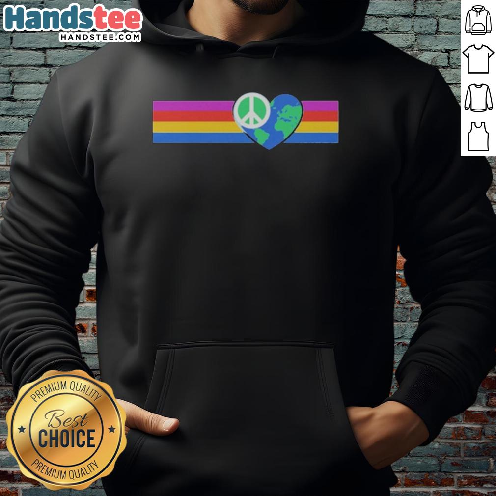 Official Rainbow Peace hoodie featuring a heart-shaped Earth design, promoting love and unity in vibrant colors.