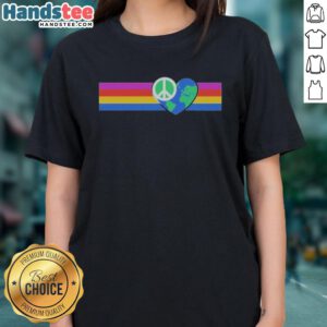 Official Rainbow Peace Earth Heart Shape Ladies Tee featuring vibrant colors and a stylish design for a positive message.