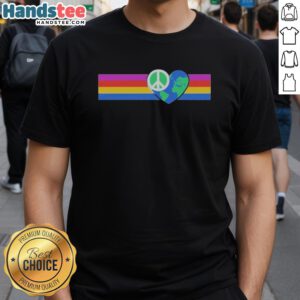 Alt Text: Official Rainbow Peace T-Shirt featuring a heart-shaped Earth design, promoting love and harmony for all.