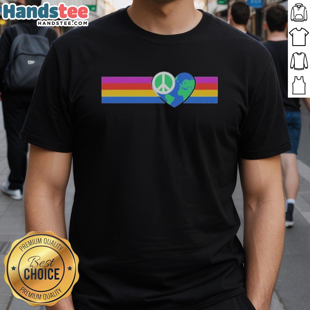 Alt Text: Official Rainbow Peace T-Shirt featuring a heart-shaped Earth design, promoting love and harmony for all.